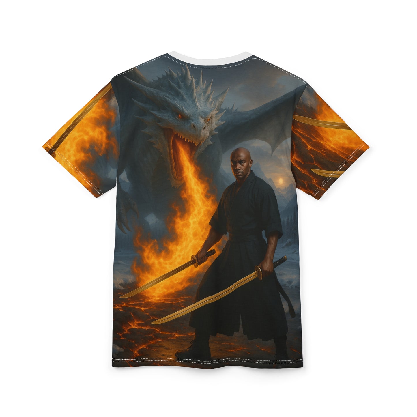 Epic Warrior Dragon Graphic Tee, Unisex AOP Shirt, Fantasy Apparel, Gift for Fans, Cool Casual Wear, Mythical Creature Tee