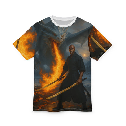 Epic Warrior Dragon Graphic Tee, Unisex AOP Shirt, Fantasy Apparel, Gift for Fans, Cool Casual Wear, Mythical Creature Tee