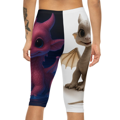 Cute Dragon Print Capri Leggings for Women, Fantasy Athletic Wear, Cute Workout Pants, Ideal Gift for Dragon Lovers, Fun Yoga Leggings