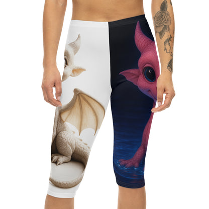 Cute Dragon Print Capri Leggings for Women, Fantasy Athletic Wear, Cute Workout Pants, Ideal Gift for Dragon Lovers, Fun Yoga Leggings