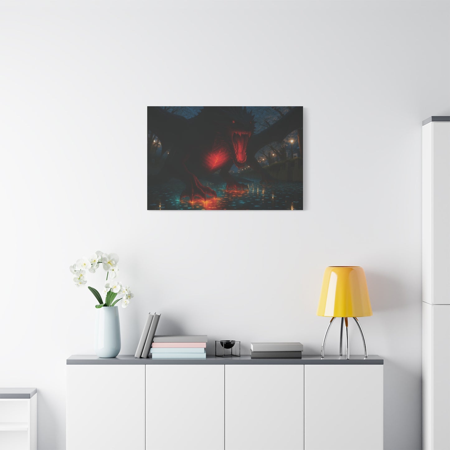 Canvas Wall Art featuring a Fiery Dragon, Fantasy Decor, Home Wall Hanging, Unique Gift for Gamers, Perfect for Halloween, Dramatic Artwork