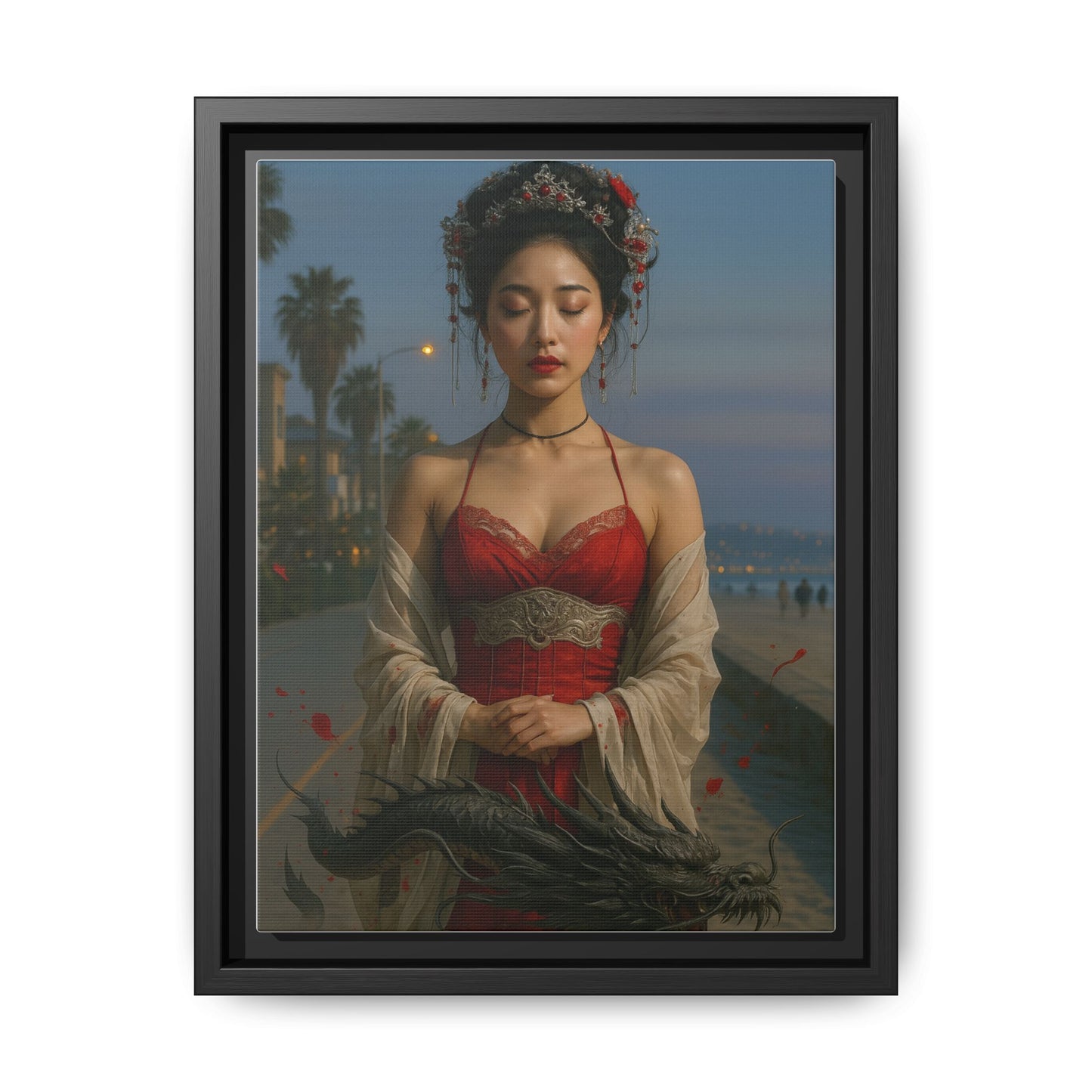 Framed Matte Canvas Art Print, Red Dress Wall Decor, Elegant Home Decoration, Gift for Her, Romantic Artwork