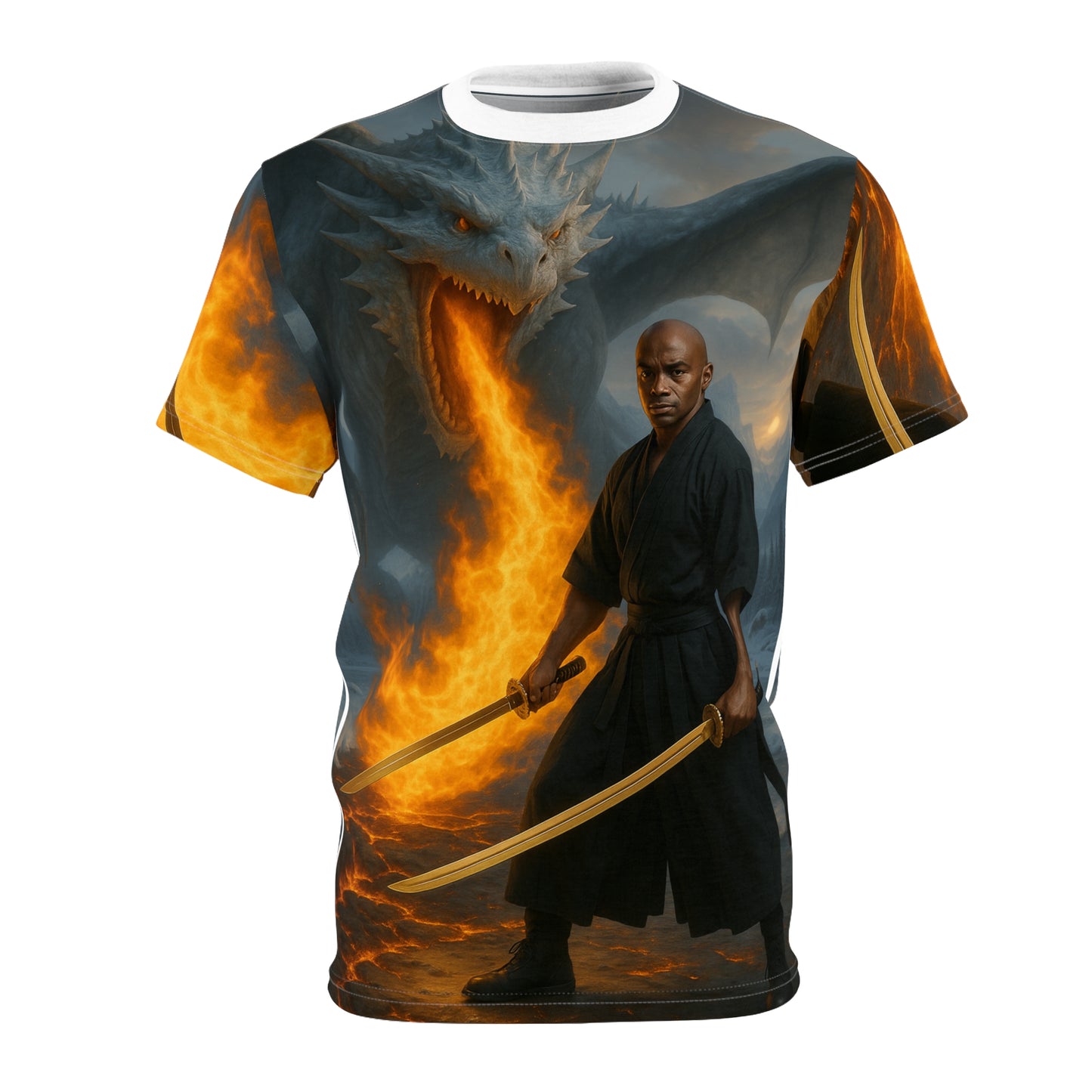 Epic Warrior Dragon Graphic Tee, Unisex AOP Shirt, Fantasy Apparel, Gift for Fans, Cool Casual Wear, Mythical Creature Tee